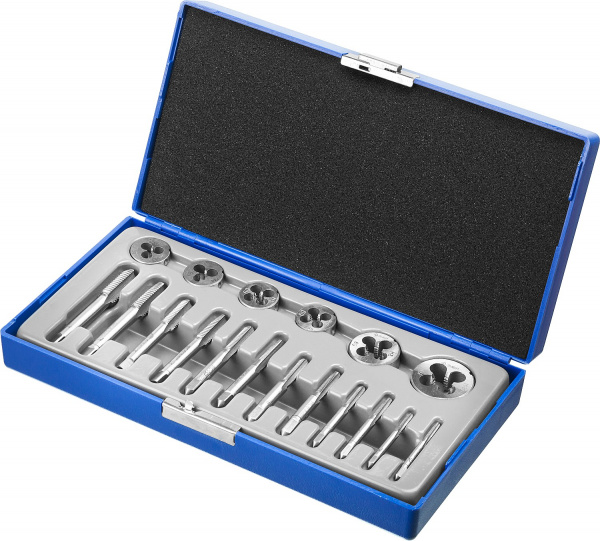 ЗУБР 18 предм., сталь 9ХС, набор метчиков и плашек в пластиковом боксе (28120-H18)