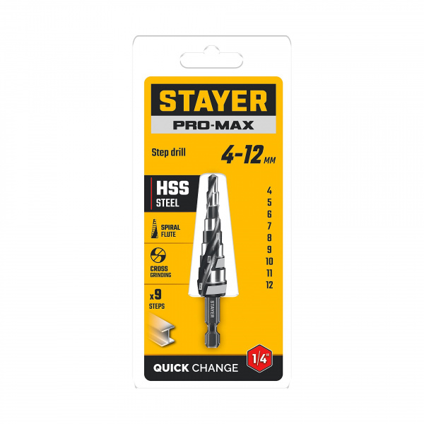 STAYER Pro-Max 4-12мм, 9 ступеней, винтовая спираль, сверло ступенчатое (29661-4-12-9)