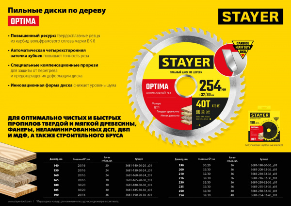STAYER Optima, 185 x 30/20 мм, 30T, оптимальный рез, пильный диск по дереву (3681-185-30-30)