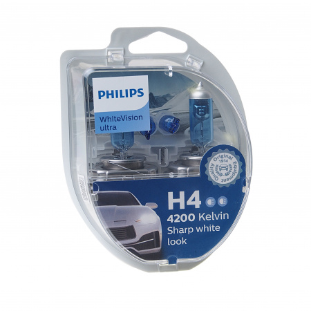 Автолампа H4 (60/55) P43t-38 WhiteVision ultra 4200K (2шт+2шт W5W) 12V PHILIPS /1/10