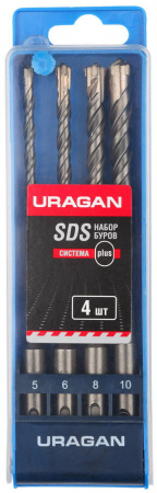 URAGAN 4 шт: 5 х 160, 6 х 160, 8 х 160, 10 х 160 мм, Набор SDS-plus буров (901-25554-H4)