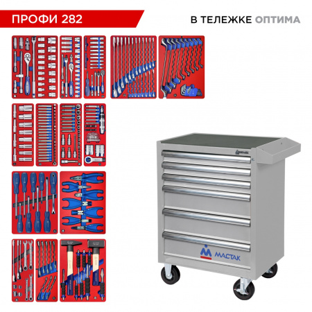 Набор инструментов 282 предмета, "ПРОФИ 282", в серой тележке МАСТАК 52-06282G Набор инструментов 282 предмета, "ПРОФИ 282", в серой тележке МАСТАК 52-06282G