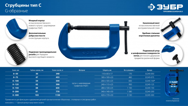 ЗУБР ПСС-200, 200 мм, чугунная струбцина тип С (G-образная), Профессионал (32245-200)
