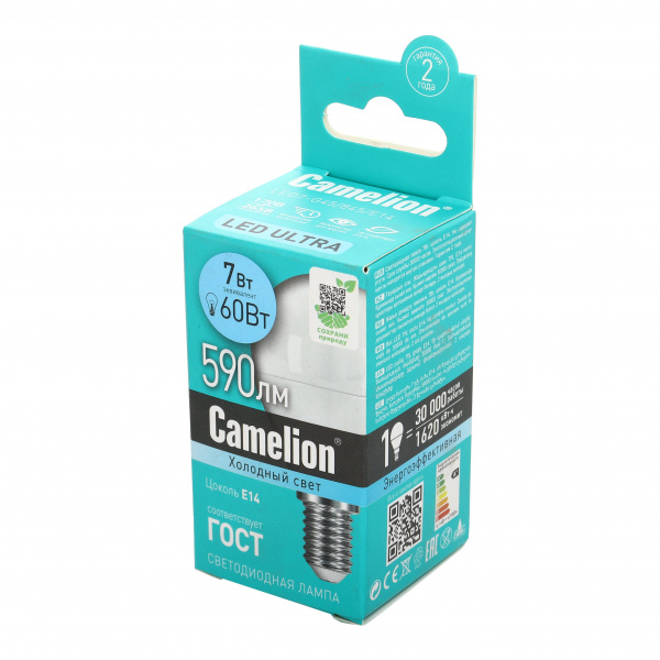 Лампа светодиодная E14 G45 7W холодный свет CAMELION 1/10/100