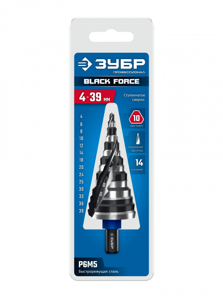 ЗУБР BLACK FORCE 4-39мм, 14 ступеней, винтовая проточка, сверло ступенчатое, ПРОФЕССИОНАЛ (29671-4-39-14)