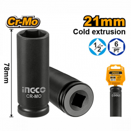 Головка 6-гранная ударная 1/2" 21 мм торцевая удлиненная INGCO HDIS12211L