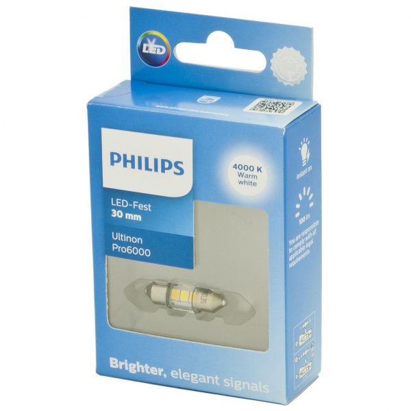 Автолампа C5W (SV8.5/8) LED 30мм WHITE Ultinon Pro6000 4000K 100Лм 12V PHILIPS /1/10