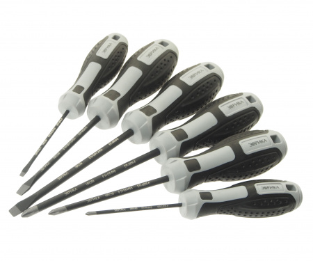 Набор отверток ER-M08-6  SL3.5x75 Ø3, SL5.5x100 Ø5, SL6.5x125 Ø6; PH0x75 Ø3, PH1x100 Ø5, PH2x125 Ø6, стержень S2, 6 предметов HRC≥59 ЭВРИКА /1/12 NEW