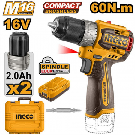 Шуруповерт INGCO CDLI16682 бесщеточный Li-ion 16.0В. 60 Нм 2 Ач, 2 АКБ, кейс INDUSTRIAL
