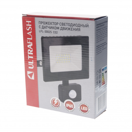 Прожектор UF-FL3002 LED SMD BLACK 30W 6500K 180х115мм с датчиком движения 220V ULTRA FLASH /1/30