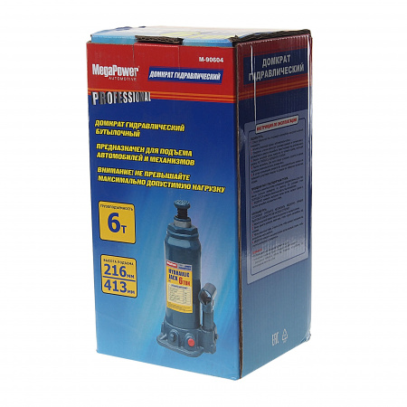 Домкрат гидравлический M-90604 бутылочный 6т (выс.подъема 216-413мм) с клапаном MEGAPOWER /1/4