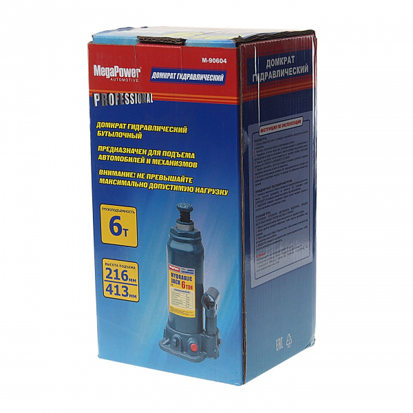 Домкрат гидравлический M-90604 бутылочный 6т (выс.подъема 216-413мм) с клапаном MEGAPOWER /1/4