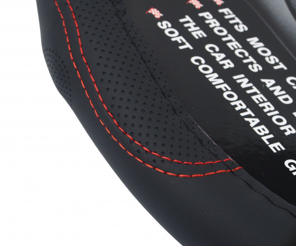 Оплетка руля MIS-2023STW26B (M) чёрная со вставками перфорации и красной строчкой MISTAR /1/25