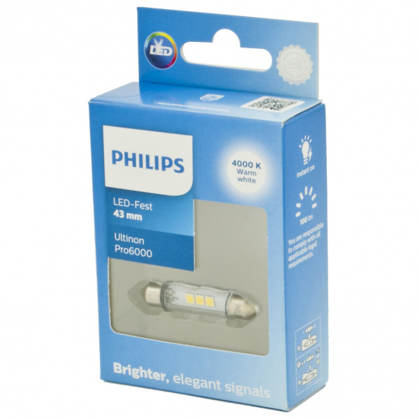 Автолампа C5W (SV8.5/8) LED 43мм WHITE Ultinon Pro6000 4000K 100Лм 12V PHILIPS /1/10