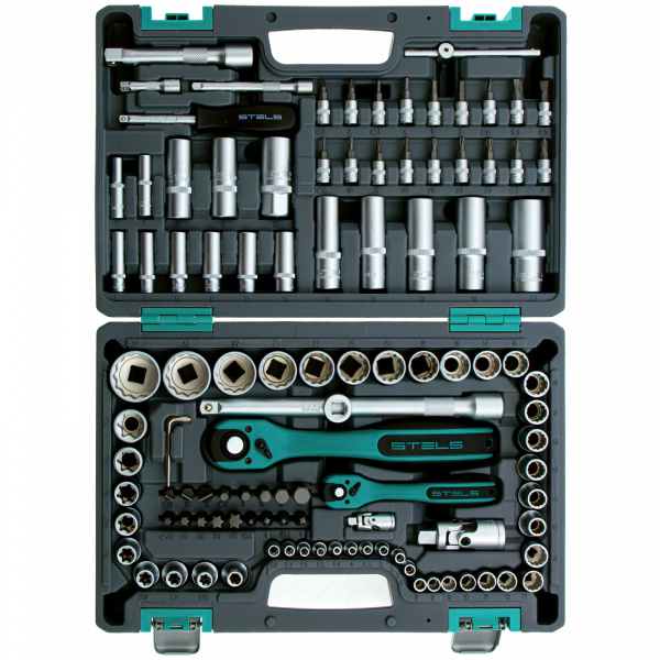 Набор инструментов 1/2", 1/4", CrV, 12 гранные головки, пластиковый кейс, 109 предмета Stels Набор инструментов 1/2", 1/4", CrV, 12 гранные головки, пластиковый кейс, 109 предмета Stels