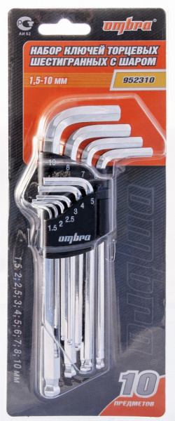 952310 Набор ключей торцевых шестигранных с шаром H1.5-H10, 10 предметов 952310 Набор ключей торцевых шестигранных с шаром H1.5-H10, 10 предметов
