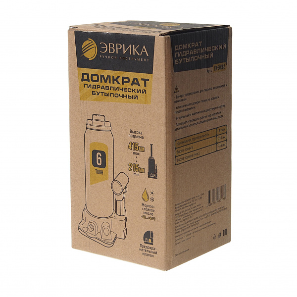 Домкрат гидравлический ER-80062 бутылочный с клапаном 6т, ремкомплект (выс. подъема 215-415мм) ЭВРИКА /1/5
