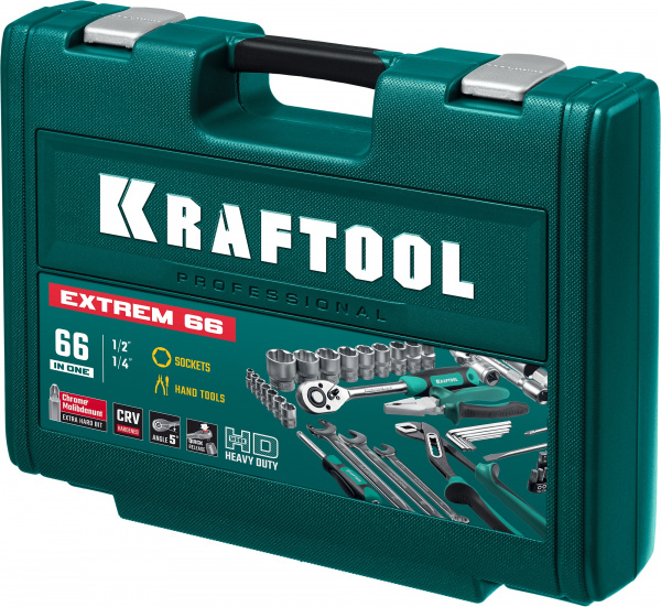 KRAFTOOL EXTREM-66, 66 предм., (1/2″+1/4″), универсальный набор инструмента (27976-H66) KRAFTOOL EXTREM-66, 66 предм., (1/2″+1/4″), универсальный набор инструмента (27976-H66)