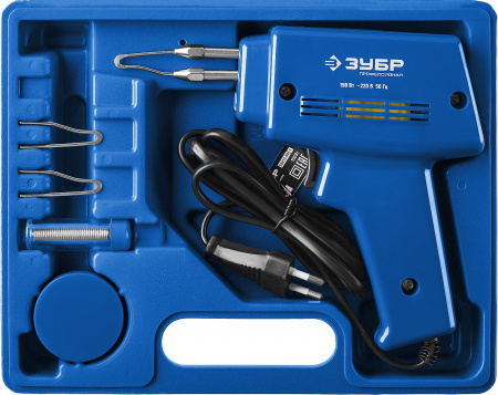 ЗУБР 150 Вт, в наборе: нагрев 6 сек., канифоль, припой, 2 сменных жала, импульсный паяльник, Профессионал (55412-H4)