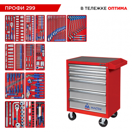 Набор инструментов 299 предметов, "ПРОФИ 299", в красной тележке МАСТАК 52-06299R Набор инструментов 299 предметов, "ПРОФИ 299", в красной тележке МАСТАК 52-06299R