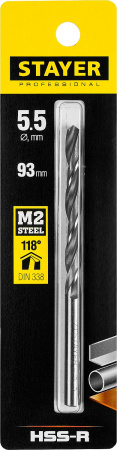 STAYER HSS-R, 5.5 х 93 мм, быстрорежущая сталь P6M5, сверло по металлу, Professional (29602-5.5)
