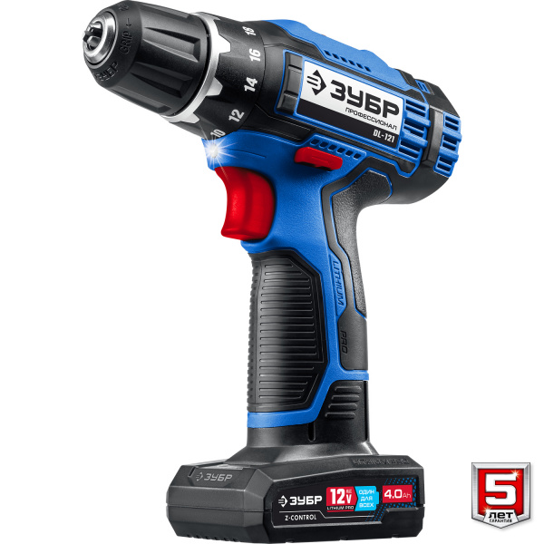 ЗУБР 12 В, 40 Н·м, 2 АКБ тип Т7 (4 А·ч), дрель-шуруповерт, сумка, Профессионал (DL-121-42)