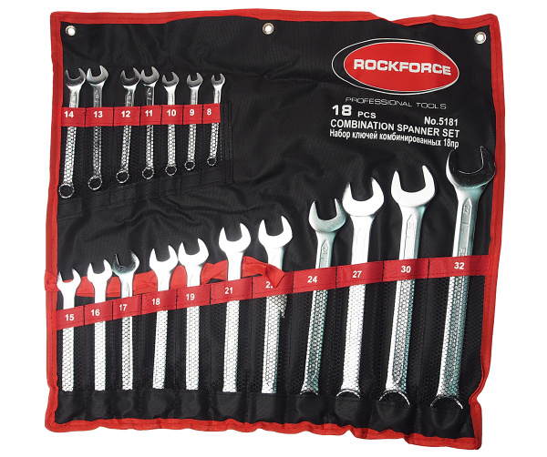 Набор ключей комбинированных RF-5181: 18пр., (8-19, 21, 22, 24, 27, 30, 32мм) на полотне (нов.арт. RF-5281) ROCKFORCE /1/6 Набор ключей комбинированных RF-5181: 18пр., (8-19, 21, 22, 24, 27, 30, 32мм) на полотне (нов.арт. RF-5281) ROCKFORCE /1/6