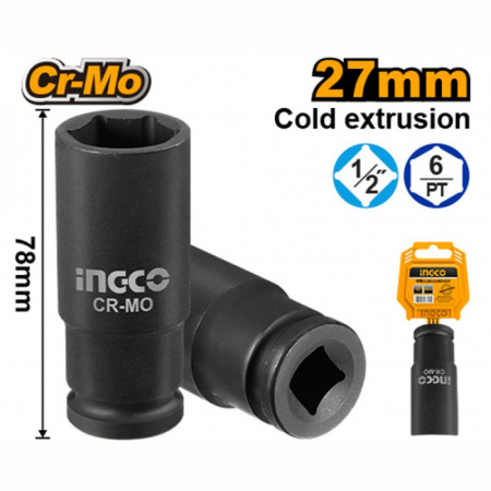 Головка 6-гранная ударная 1/2" 27 мм торцевая удлиненная INGCO HDIS12271L