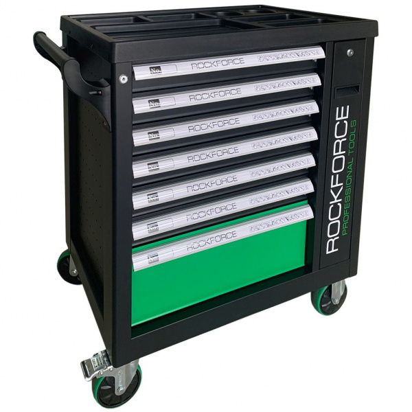 Тележка инструментальная RF-55299 7 секций с дополнительной боковой секцией, 600х790х970 (полки:65х500х395-6шт,200х500х395мм-1шт), (зеленая) ROCKFORCE