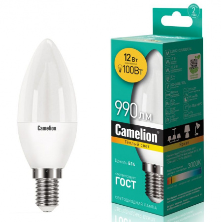 Лампа светодиодная E14 C35 12W тёплый свет CAMELION 1/10/100