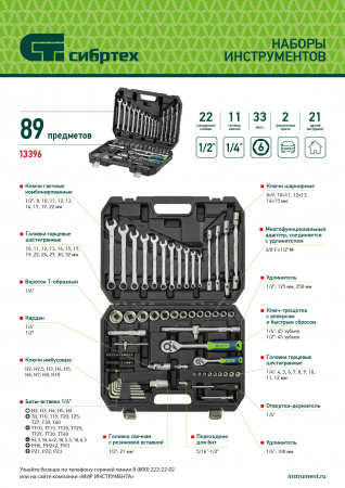 Набор инструментов, 1/2", 1/4", пластиковый кейс 89 предметов// Сибртех Набор инструментов, 1/2", 1/4", пластиковый кейс 89 предметов// Сибртех