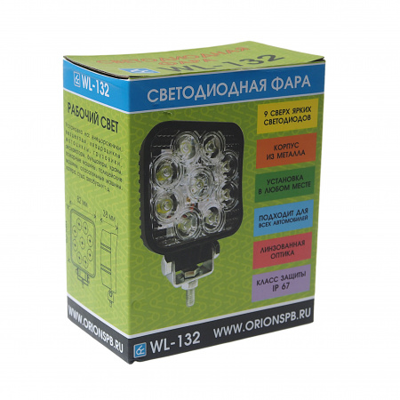 Фара рабочего света W-132S квадратная, дальний свет 9LED 27W (82х82x38мм) 10-30V ВЫМПЕЛ /1/40