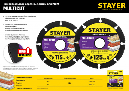 STAYER Multicut, 115 х 22.2 мм, для УШМ, диск отрезной по дереву (36860-115)