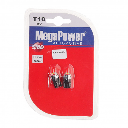 Автолампа T10W (W2,1x9,5d) 1 SMD 5050 WHITE блистер (2 шт) 6000K 20лм   12V MEGAPOWER /1 /50
