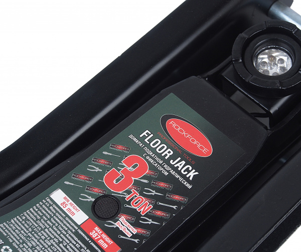 Домкрат гидравлический RF-825021CB подкатной 3т, низкопрофильный с воротком и LEDподсветкой (h min85мм,h max387мм) ROCKFORCE /1