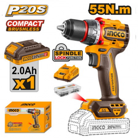 Шуруповерт INGCO CDLI205582 бесщеточный Li-ion 20.0B, 2 Ач, 55 Нм, 1 акб,   INDUSTRIAL