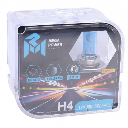 Автолампа H4 (60/55) P43t-38 BLUE WHITE 4300K (бокс, 2шт) 12V MEGAPOWER /1/10