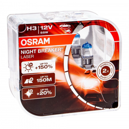 Автолампа H3 (55) PK22s+150% NIGHT BREAKER LASER 3400K (евробокс, 2шт) 12V OSRAM /1/10