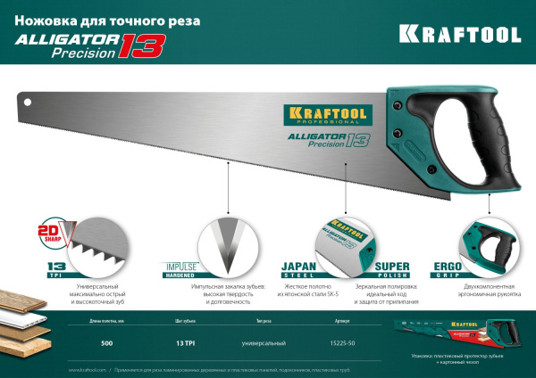 KRAFTOOL Alligator Precision 13, 500 мм, ножовка для точного реза (15225-50)