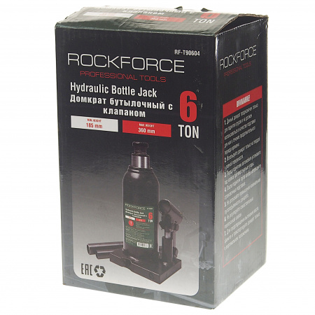 Домкрат гидравлический RF-T90604 бутылочный с клапаном 6т (выс.подъема 185-360мм) ROCKFORCE /1/4