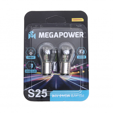 Автолампа P21/5W (BAY15d) STANDART (блистер, 2шт) 24V MEGAPOWER /1/10