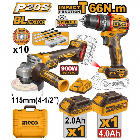 Набор шуруповерт 66Нм + УШМ 115мм, 20в BL, Li-Ion SUPER INGCO CKLI20273 INDUSTRIAL