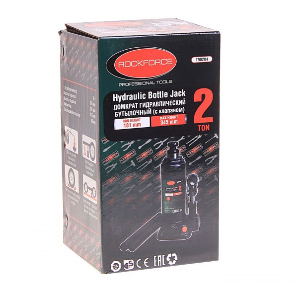 Домкрат гидравлический RF-T90204 бутылочный с клапаном 2т (выс.подъема 150-278мм) ROCKFORCE /1/6 Домкрат гидравлический RF-T90204 бутылочный с клапаном 2т (выс.подъема 150-278мм) ROCKFORCE /1/6