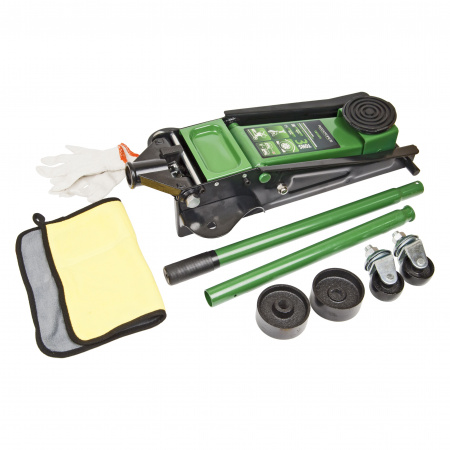 Домкрат гидравлический RF-T83505 подкатной 3т двухпоршневой+перчатки,резиновая накладка,салфетка из микроф. (h min 135мм, h max 465мм) ROCKFORCE /1