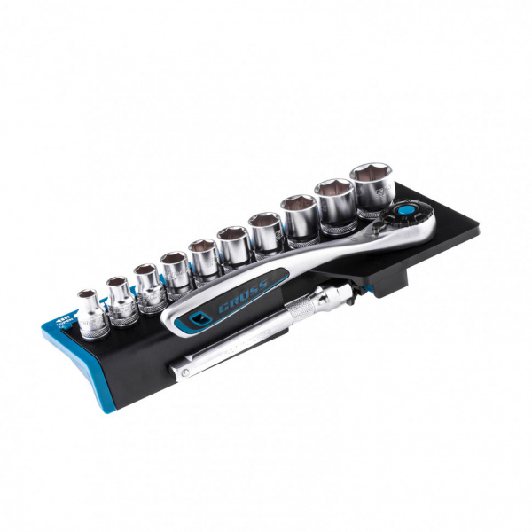 Набор торцевых головок, трещотка 120 зубьев, 3/8", CrV, 12 предметов Gross Набор торцевых головок, трещотка 120 зубьев, 3/8", CrV, 12 предметов Gross