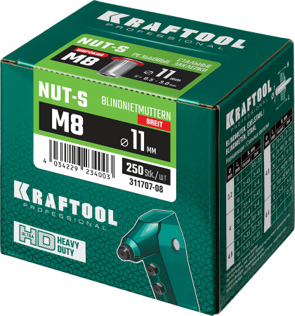 KRAFTOOL Nut-S, М8, 250 шт, резьбовые заклепки стальные с насечками (311707-08)
