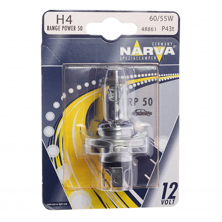 Автолампа H4 (60/55) P43t-38+50% RANGE POWER (блистер) 12V NARVA /1/10