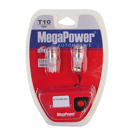 Автолампа T10W (W2,1x9,5d) 1 SMD 7080 WHITE блистер с тестером (2 шт) 6000K 80лм   12V MEGAPOWER /1 /25