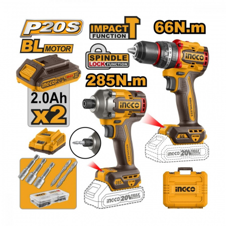 Набор шуруповерт 66Nm + винтоверт 285 Nm 20В, BL. Li-Ion SUPER INGCO CKLI20277 INDUSTRIAL