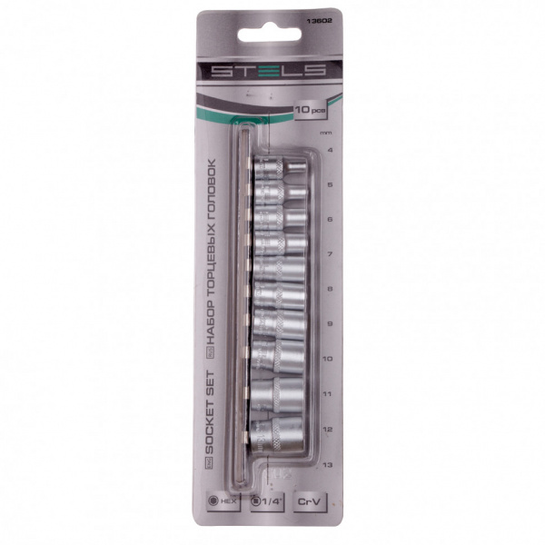 Набор торцевых головок, 1/4, шестигранные, CrV, 10 шт, 4-13 мм Stels Набор торцевых головок, 1/4, шестигранные, CrV, 10 шт, 4-13 мм Stels